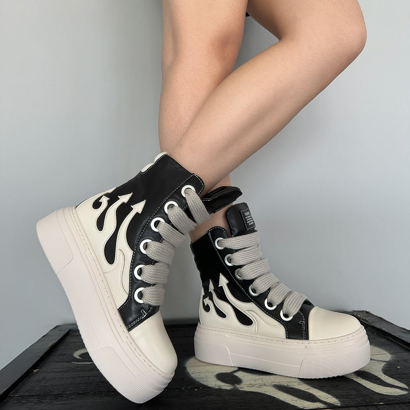 Women's Platform Black Ankle Boots Fire Sneakers Skateboard Shoes