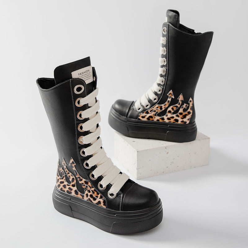 Mid Calf Boots Leopard Fashion Women's Platform Shoes Black Thick Sole Boots