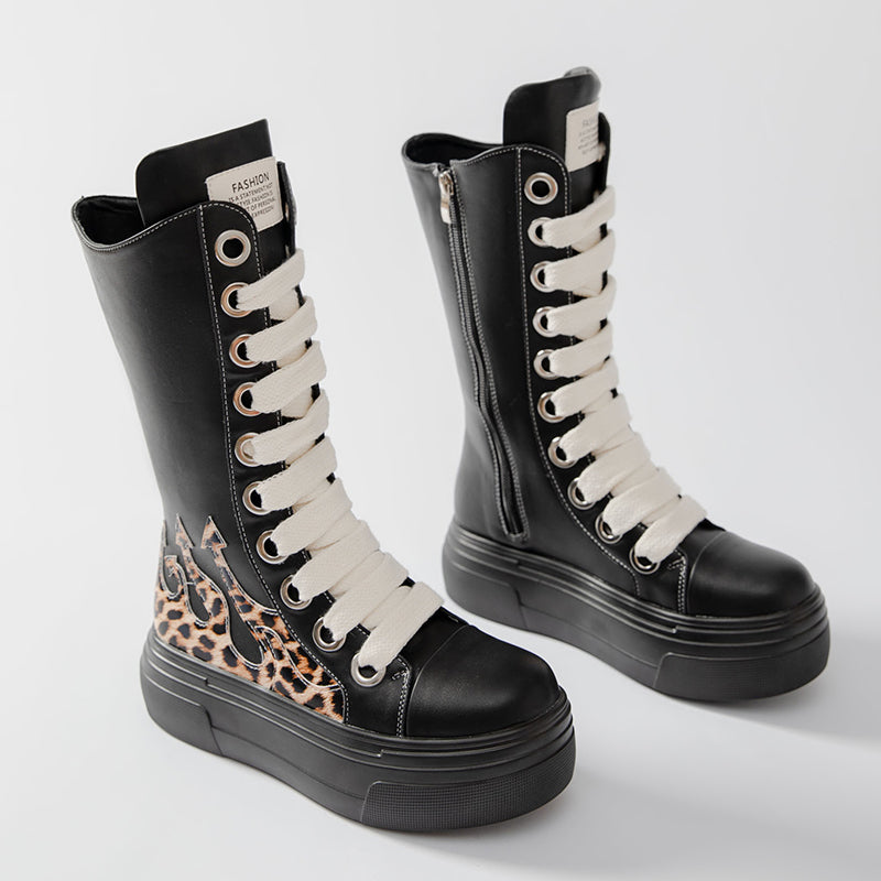 Mid Calf Boots Leopard Fashion Women's Platform Shoes Black Thick Sole Boots