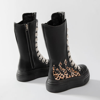 Mid Calf Boots Leopard Fashion Women's Platform Shoes Black Thick Sole Boots