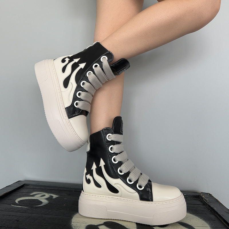 Women's Platform Black Ankle Boots Fire Sneakers Skateboard Shoes