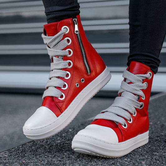 Fashion Women's Red Ankle Boots Platform Vulcanized Shoes Lace-Up Sports Flat Boots Sneakers