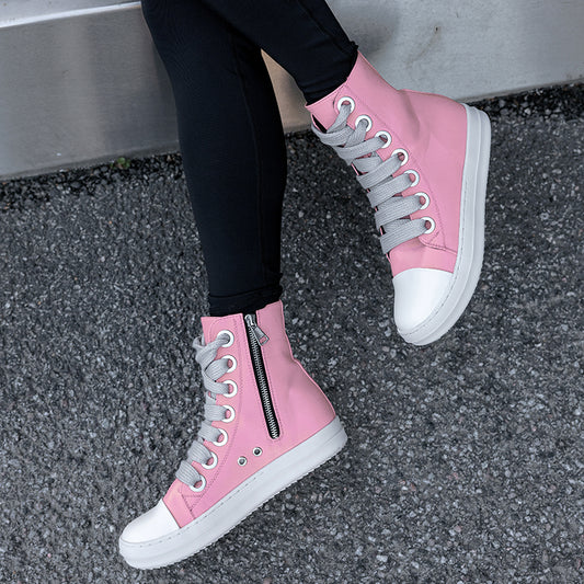 Fashion Women's Pink Ankle Boots Vulcanized Shoes Lace-Up Sports Flat Boots Sneakers