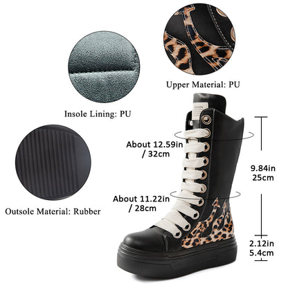 Mid Calf Boots Leopard Fashion Women's Platform Shoes Black Thick Sole Boots